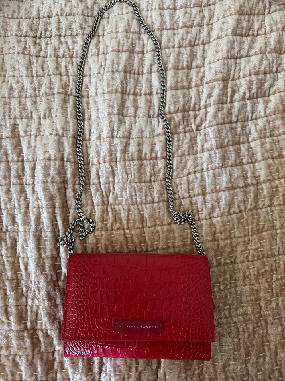 Giuseppe Zanotti Red Croc-Embossed Crossbody with Silver Chain